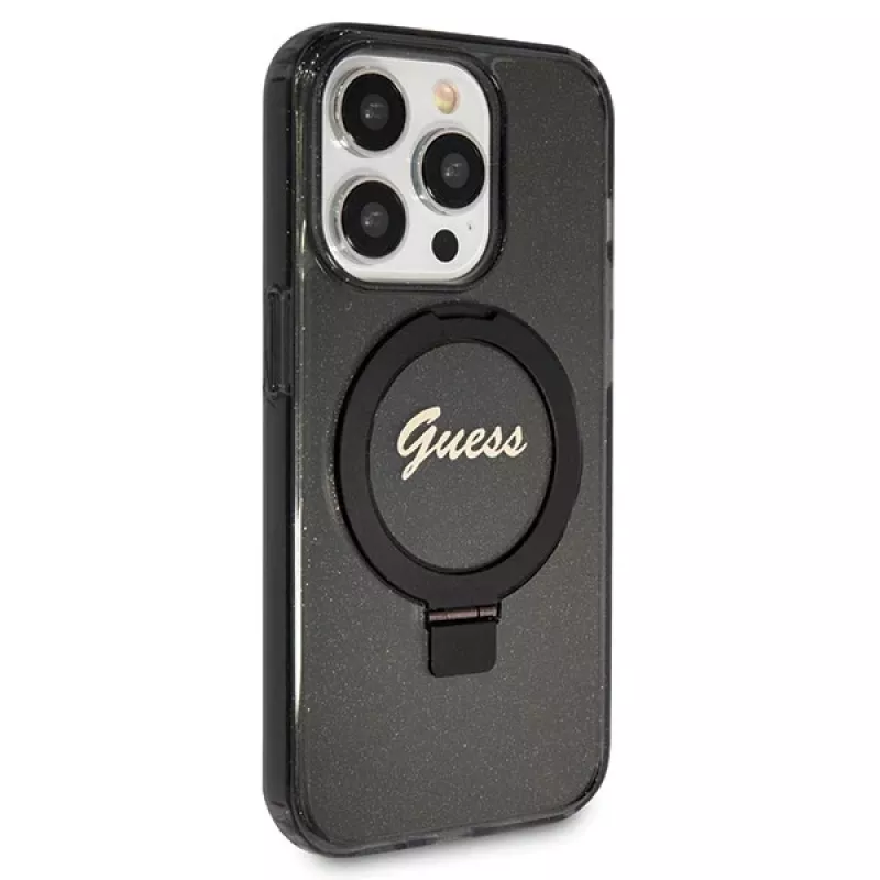 Capa rígida Guess GUHMP14XHRSGSK iPhone 14 Pro Max 6.7 preta com anel de suporte Script Glitter MagSafe
