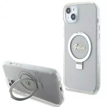 Capa rígida Guess GUHMP15MHRSGSD iPhone 15 Plus / 14 Plus 6,7 polegadas transparente com anel de suporte Script Glitter MagSafe