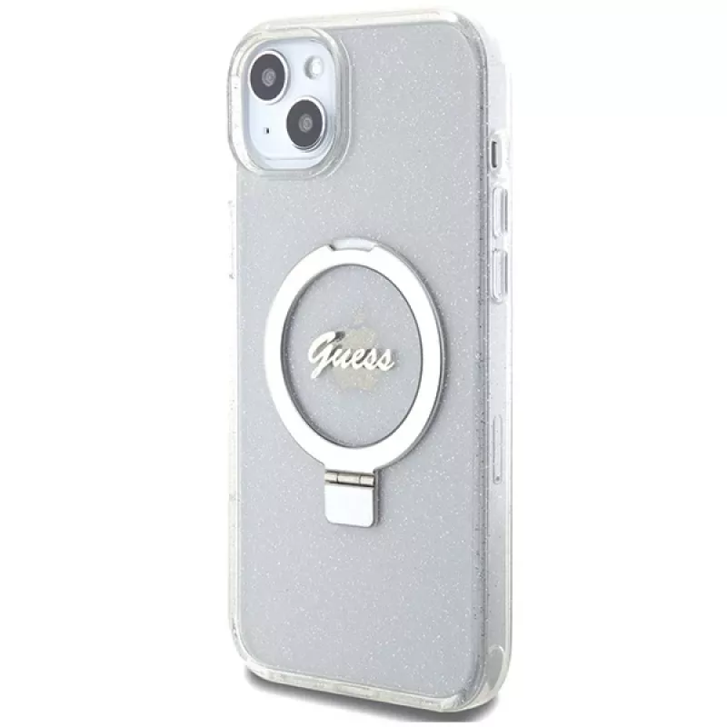 Capa rígida Guess GUHMP15MHRSGSD iPhone 15 Plus / 14 Plus 6,7 polegadas transparente com anel de suporte Script Glitter MagSafe