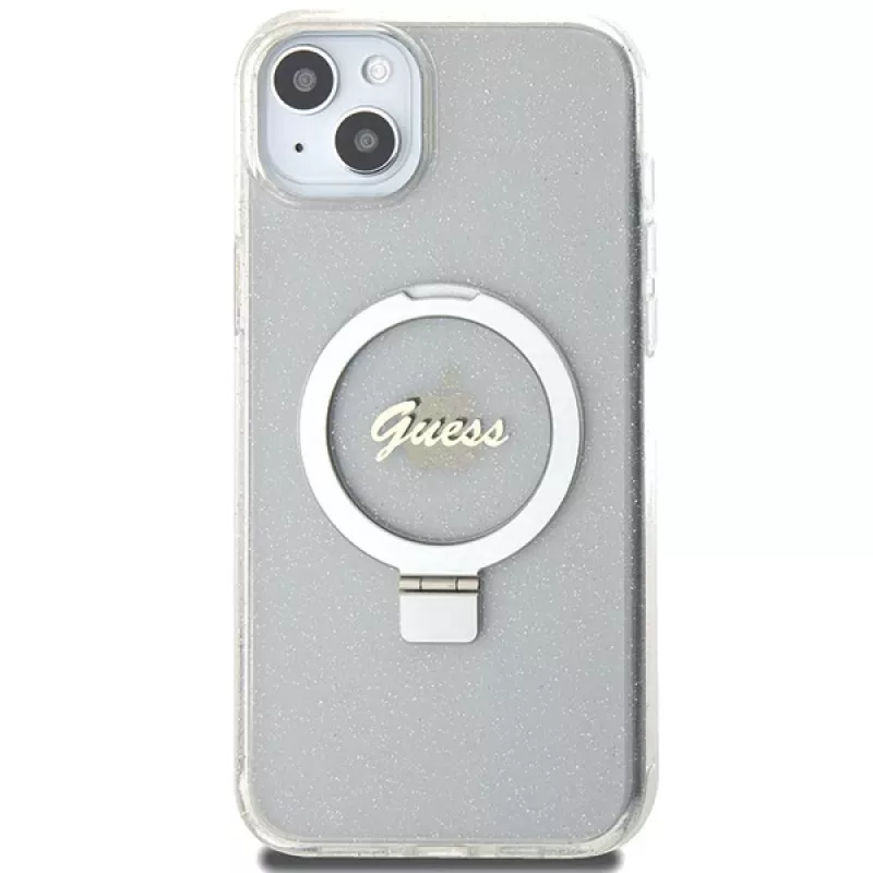 Capa rígida Guess GUHMP15MHRSGSD iPhone 15 Plus / 14 Plus 6,7 polegadas transparente com anel de suporte Script Glitter MagSafe