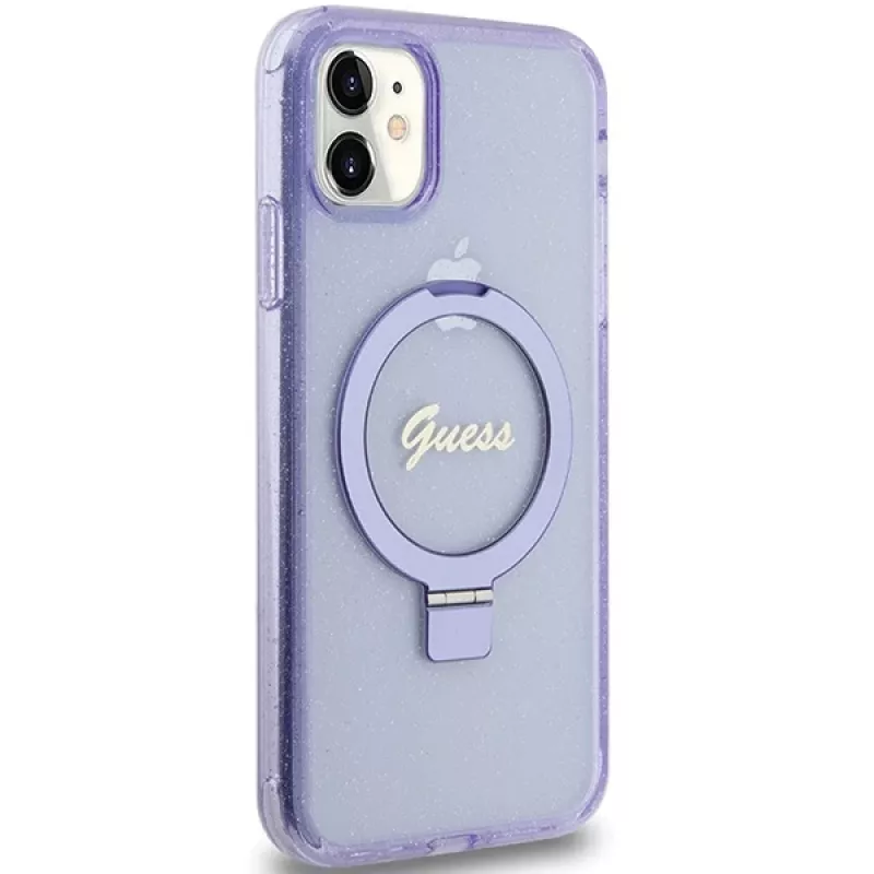Capa rígida Guess GUHMN61HRSGSU iPhone 11 / XR 6,1 polegadas roxa com anel de suporte Script Glitter MagSafe