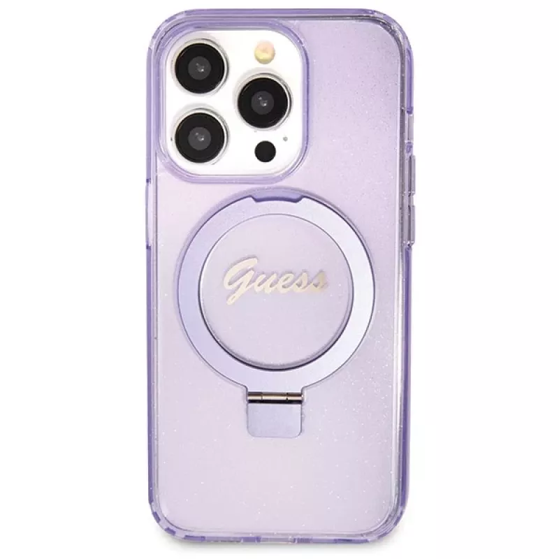 Capa rígida Guess GUHMP13XHRSGSU iPhone 13 Pro Max 6,7 polegadas lilás com anel de suporte Script Glitter MagSafe