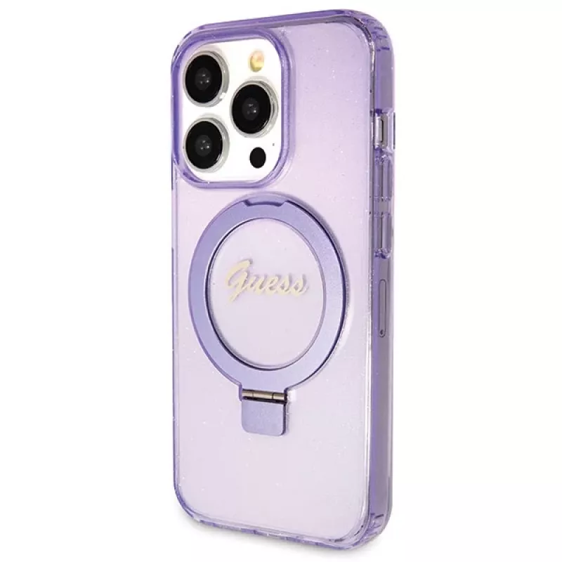 Capa rígida Guess GUHMP14LHRSGSU iPhone 14 Pro 6.1 com anel de suporte Script Glitter MagSafe roxa