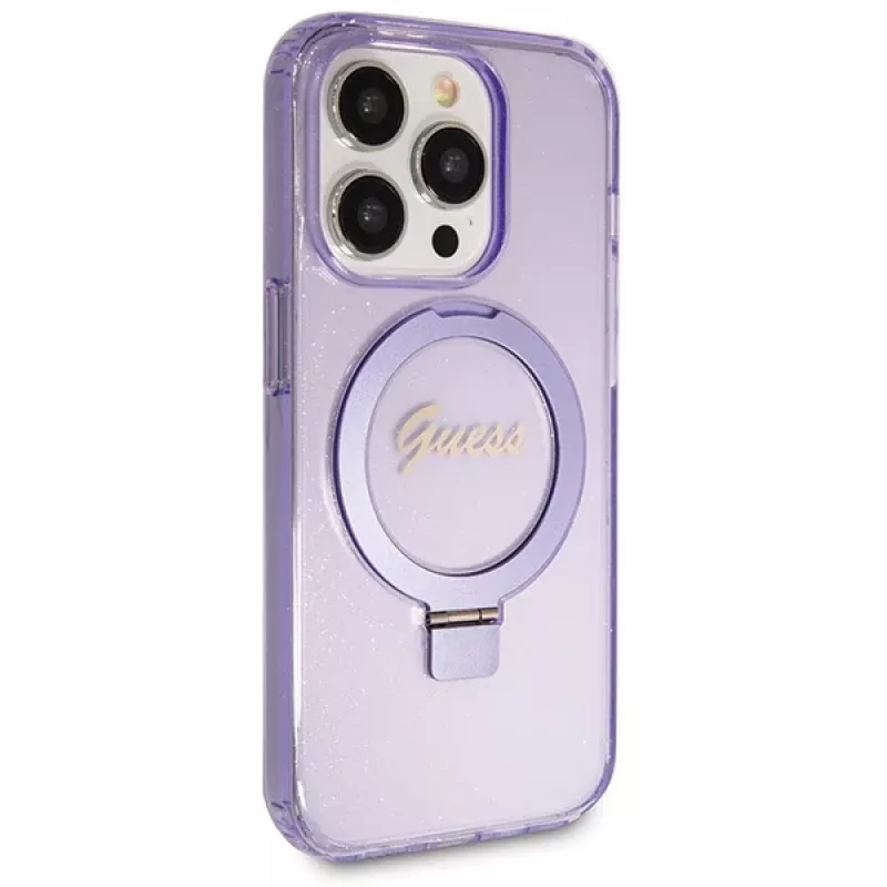 Capa rígida Guess GUHMP14LHRSGSU iPhone 14 Pro 6.1 com anel de suporte Script Glitter MagSafe roxa