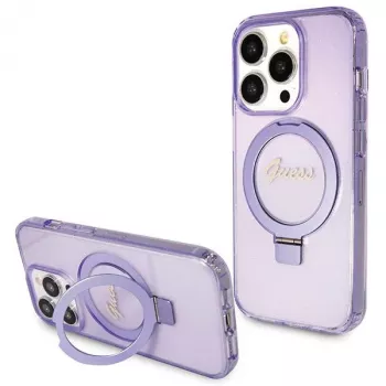 Capa rígida Guess GUHMP14XHRSGSU iPhone 14 Pro Max 6,7 polegadas lilás com anel de suporte Script Glitter MagSafe