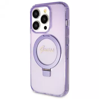 Capa rígida Guess GUHMP14XHRSGSU iPhone 14 Pro Max 6,7 polegadas lilás com anel de suporte Script Glitter MagSafe