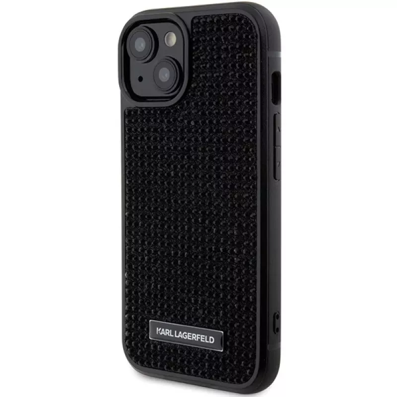 Capa rígida Karl Lagerfeld KLHCP15SHDSPLK iPhone 15 / 14 / 13 6.1 preta com logótipo de strass e placa metálica