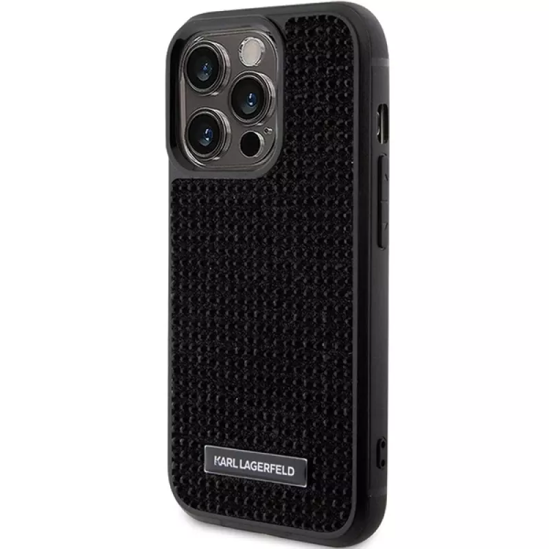 Capa rígida Karl Lagerfeld KLHCP15LHDSPLK para iPhone 15 Pro 6,1 polegadas preta com logótipo de strass e placa metálica