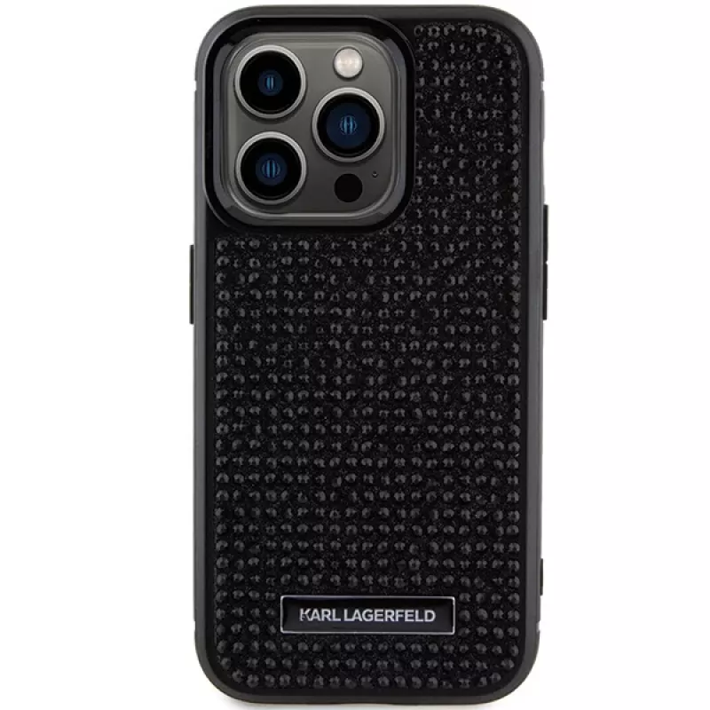 Capa rígida Karl Lagerfeld KLHCP15LHDSPLK para iPhone 15 Pro 6,1 polegadas preta com logótipo de strass e placa metálica