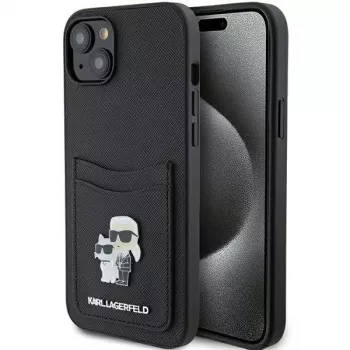 Capa rígida Karl Lagerfeld KLHCP15SSAPKCNPK iPhone 15 / 14 / 13 6.1 preta Saffiano com porta-cartões Karl & Choupette e pin metálico