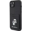 Capa rígida Karl Lagerfeld KLHCP15SSAPKCNPK iPhone 15 / 14 / 13 6.1 preta Saffiano com porta-cartões Karl & Choupette e pin metálico