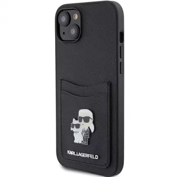 Capa rígida Karl Lagerfeld KLHCP15SSAPKCNPK iPhone 15 / 14 / 13 6.1 preta Saffiano com porta-cartões Karl & Choupette e pin metálico