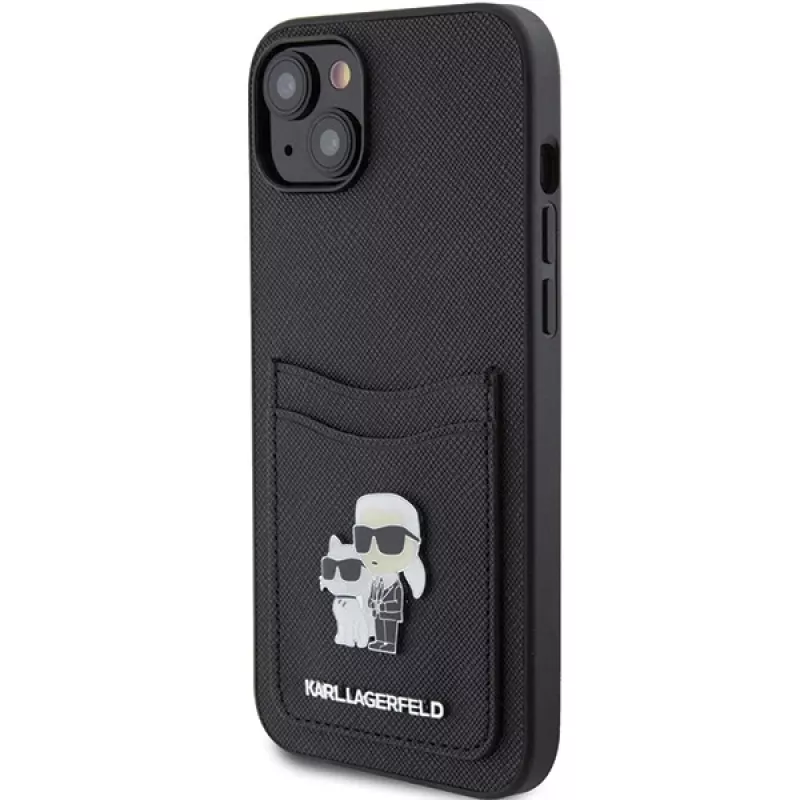 Capa rígida Karl Lagerfeld KLHCP15SSAPKCNPK iPhone 15 / 14 / 13 6.1 preta Saffiano com porta-cartões Karl & Choupette e pin metálico