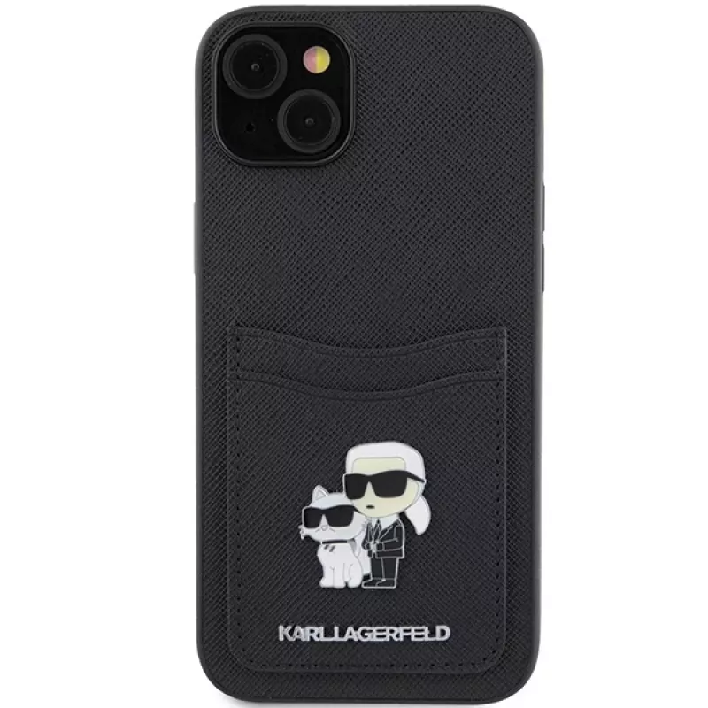 Capa rígida Karl Lagerfeld KLHCP15SSAPKCNPK iPhone 15 / 14 / 13 6.1 preta Saffiano com porta-cartões Karl & Choupette e pin metálico