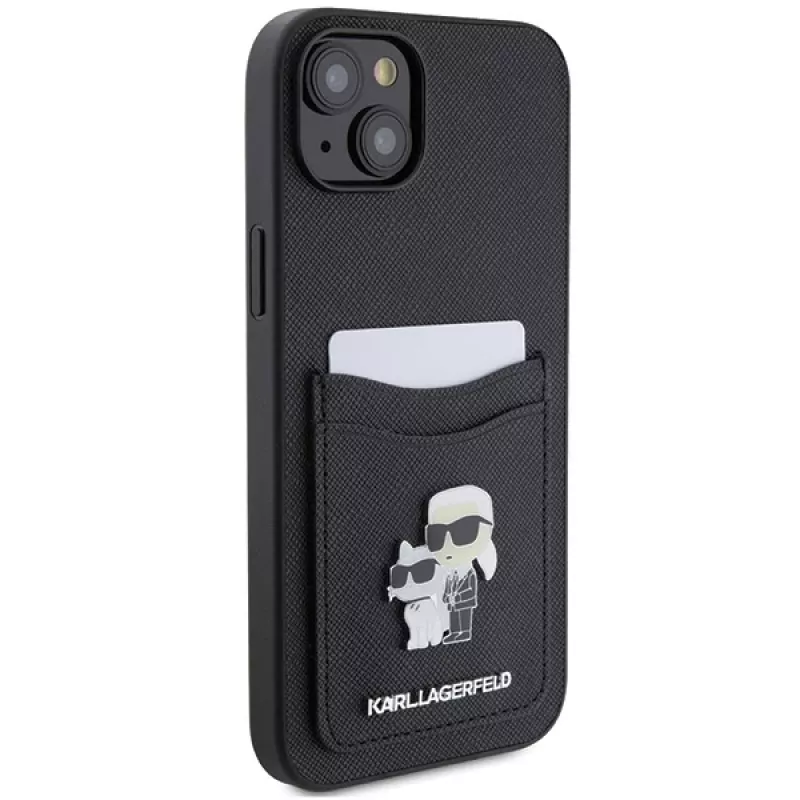 Capa rígida Karl Lagerfeld KLHCP15SSAPKCNPK iPhone 15 / 14 / 13 6.1 preta Saffiano com porta-cartões Karl & Choupette e pin metálico