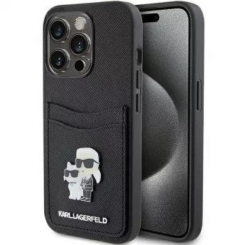 Capa rígida Karl Lagerfeld KLHCP15LSAPKCNPK iPhone 15 Pro 6.1 preta Saffiano com porta-cartões Karl & Choupette e pin metálico