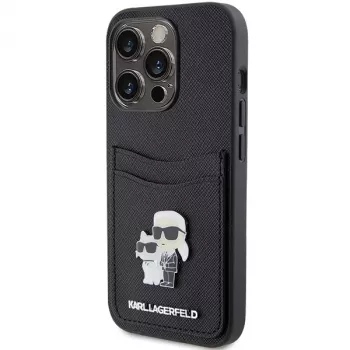 Capa rígida Karl Lagerfeld KLHCP15LSAPKCNPK iPhone 15 Pro 6.1 preta Saffiano com porta-cartões Karl & Choupette e pin metálico