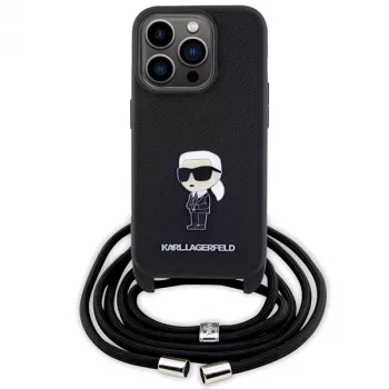 Capa rígida Karl Lagerfeld KLHCP15LSASKNPSK iPhone 15 Pro 6.1 preta Crossbody Saffiano Monogram com pin metálico Karl & Choupette