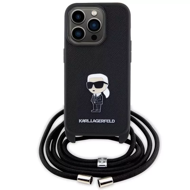 Capa rígida Karl Lagerfeld KLHCP15LSASKNPSK iPhone 15 Pro 6.1 preta Crossbody Saffiano Monogram com pin metálico Karl & Choupette