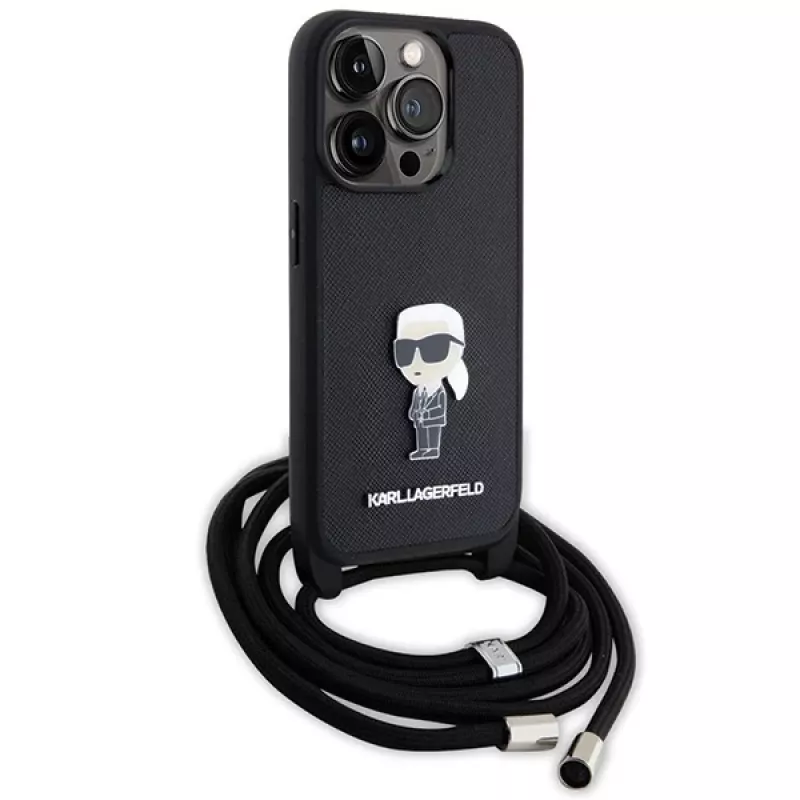 Capa rígida Karl Lagerfeld KLHCP15LSASKNPSK iPhone 15 Pro 6.1 preta Crossbody Saffiano Monogram com pin metálico Karl & Choupette