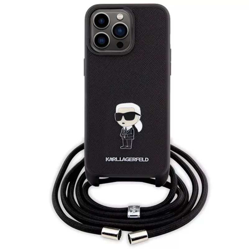 Capa rígida Karl Lagerfeld KLHCP15XSASKNPSK para iPhone 15 Pro Max 6,7 polegadas preta Crossbody Saffiano Monogram com pin metálico Karl & Choupette