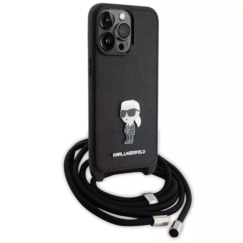 Capa rígida Karl Lagerfeld KLHCP15XSASKNPSK para iPhone 15 Pro Max 6,7 polegadas preta Crossbody Saffiano Monogram com pin metálico Karl & Choupette