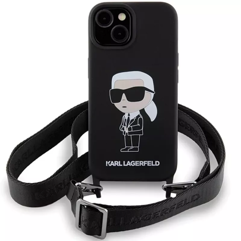 Capa rígida Karl Lagerfeld KLHCP15SSCBSKNK iPhone 15 / 14 / 13 6.1 preta Crossbody Silicone Ikonik