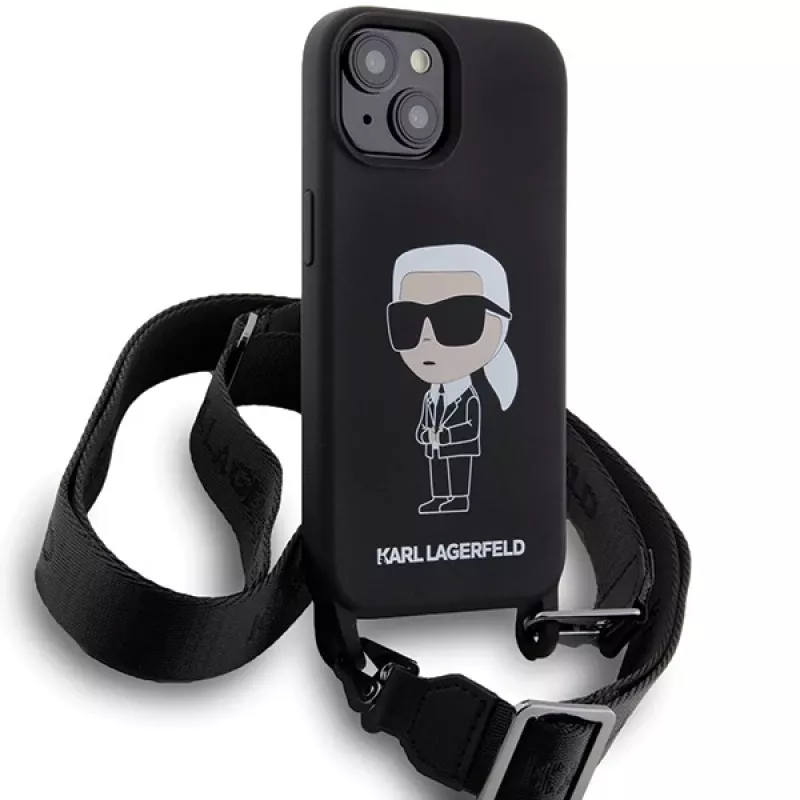 Capa rígida Karl Lagerfeld KLHCP15SSCBSKNK iPhone 15 / 14 / 13 6.1 preta Crossbody Silicone Ikonik