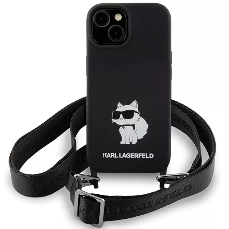 Capa rígida Karl Lagerfeld KLHCP15SSCBSCNK iPhone 15 / 14 / 13 6.1 preta Crossbody Silicone Choupette