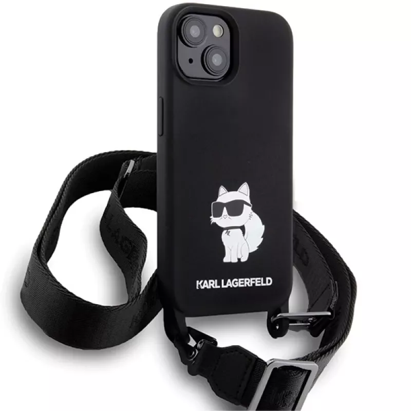 Capa rígida Karl Lagerfeld KLHCP15SSCBSCNK iPhone 15 / 14 / 13 6.1 preta Crossbody Silicone Choupette