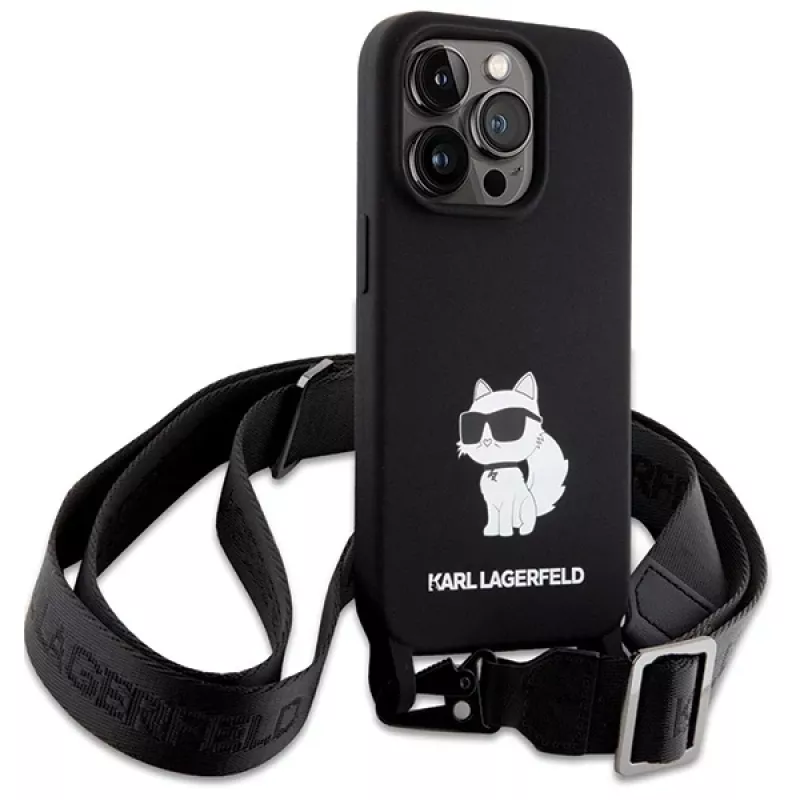 Capa rígida Karl Lagerfeld KLHCP15XSCBSCNK iPhone 15 Pro Max 6.7 preta Crossbody Silicone Choupette