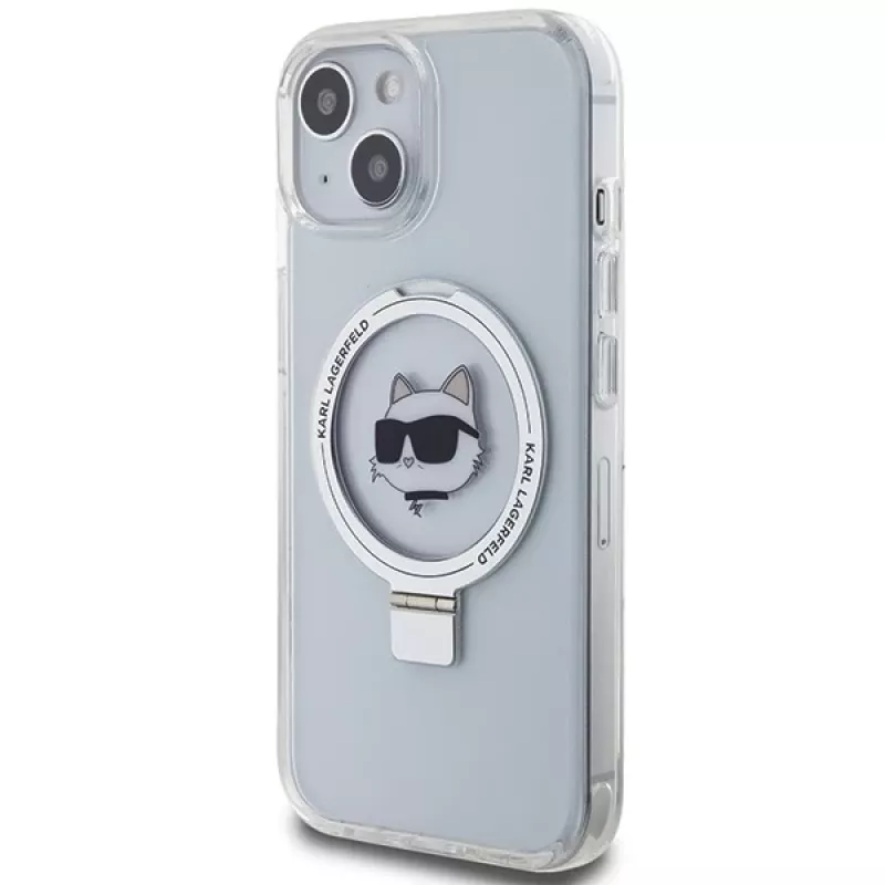 Capa rígida Karl Lagerfeld KLHMP15SHMRSCHH iPhone 15 / 14 / 13 6,1 polegadas branca com anel de suporte Choupette Head MagSafe