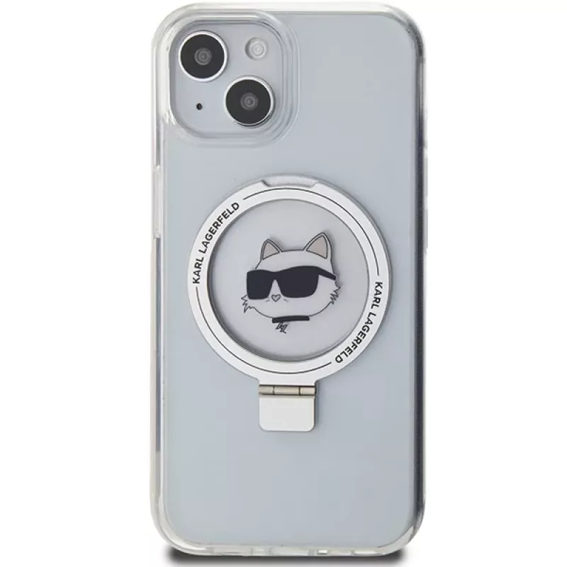 Capa rígida Karl Lagerfeld KLHMP15SHMRSCHH iPhone 15 / 14 / 13 6,1 polegadas branca com anel de suporte Choupette Head MagSafe