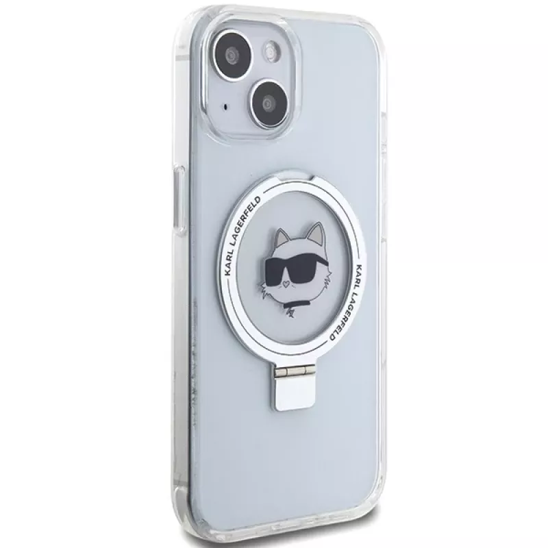 Capa rígida Karl Lagerfeld KLHMP15SHMRSCHH iPhone 15 / 14 / 13 6,1 polegadas branca com anel de suporte Choupette Head MagSafe