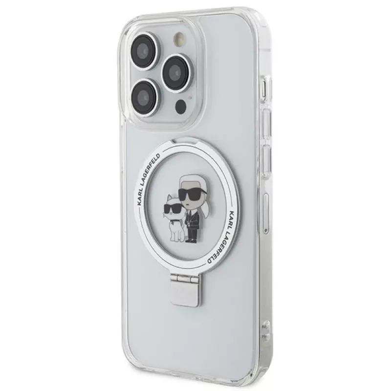 Capa rígida Karl Lagerfeld KLHMP15XHMRSKCH com anel de suporte para iPhone 15 Pro Max 6,7 polegadas branca MagSafe Karl & Choupette