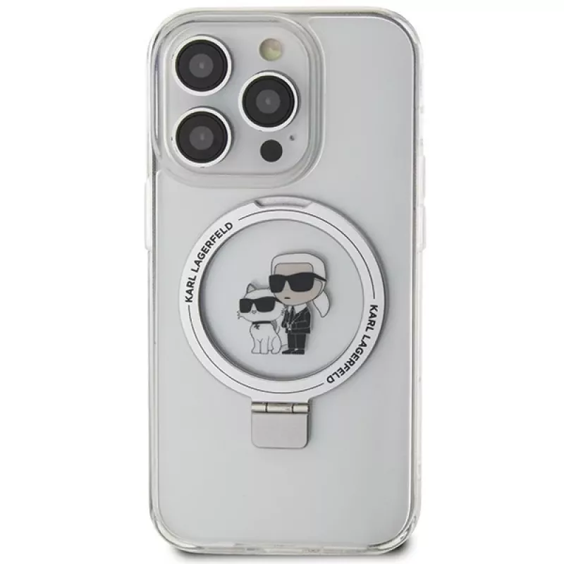 Capa rígida Karl Lagerfeld KLHMP15XHMRSKCH com anel de suporte para iPhone 15 Pro Max 6,7 polegadas branca MagSafe Karl & Choupette
