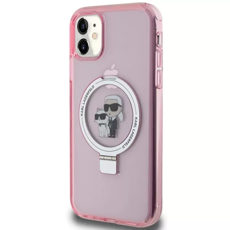 Capa rígida Karl Lagerfeld KLHMN61HMRSKCP iPhone 11 / XR 6.1 rosa com anel de suporte Karl & Choupette MagSafe