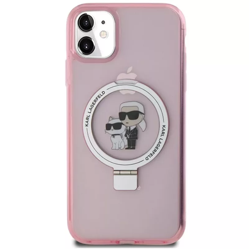 Capa rígida Karl Lagerfeld KLHMN61HMRSKCP iPhone 11 / XR 6.1 rosa com anel de suporte Karl & Choupette MagSafe