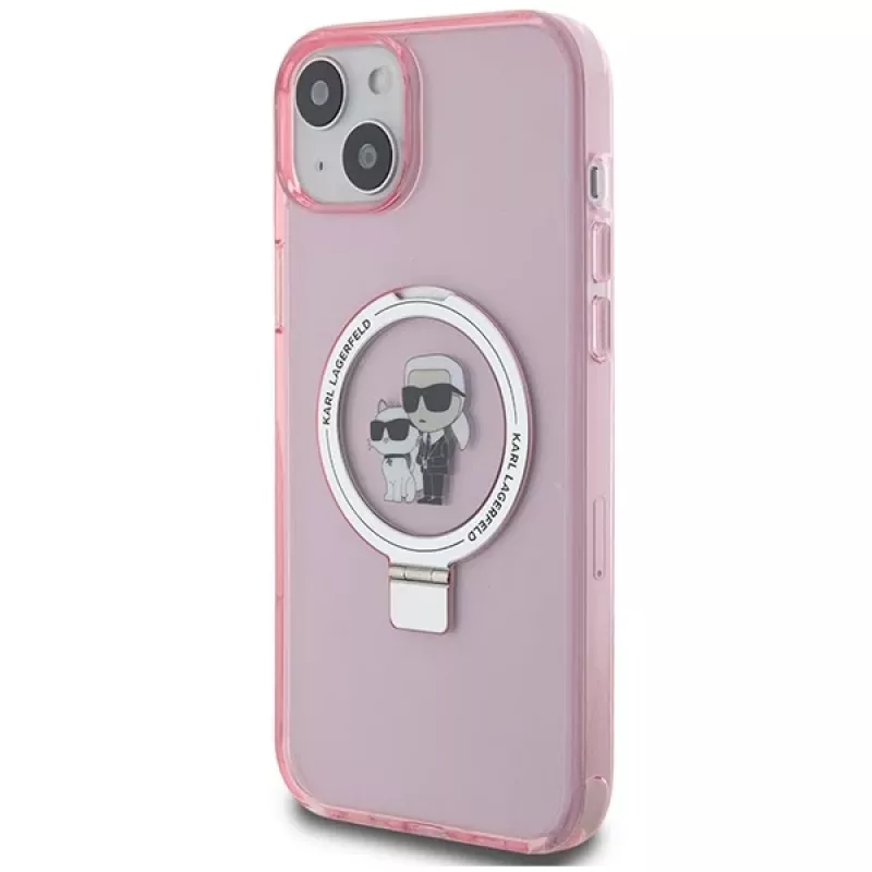 Capa rígida Karl Lagerfeld KLHMP15SHMRSKCP iPhone 15 / 14 / 13 6,1 polegadas rosa com anel de suporte Karl & Choupette MagSafe