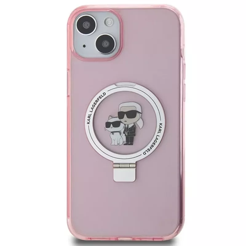 Capa rígida Karl Lagerfeld KLHMP15SHMRSKCP iPhone 15 / 14 / 13 6,1 polegadas rosa com anel de suporte Karl & Choupette MagSafe