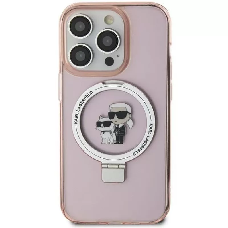 Capa rígida Karl Lagerfeld KLHMP15SHMRSKCP iPhone 15 / 14 / 13 6,1 polegadas rosa com anel de suporte Karl & Choupette MagSafe