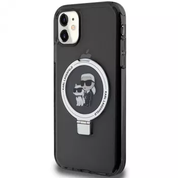 Capa rígida Karl Lagerfeld KLHMN61HMRSKCK com anel de suporte para iPhone 11 / Xr 6.1 preta MagSafe Karl & Choupette