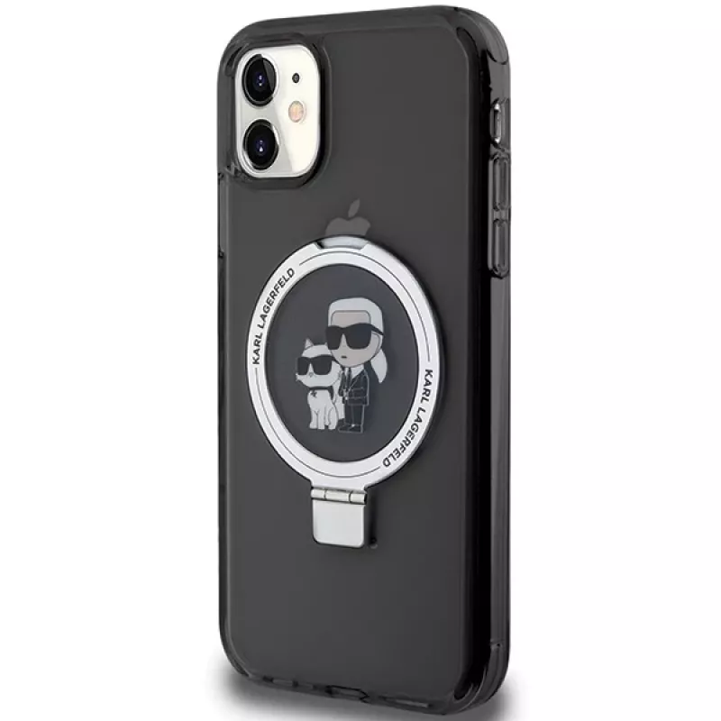 Capa rígida Karl Lagerfeld KLHMN61HMRSKCK com anel de suporte para iPhone 11 / Xr 6.1 preta MagSafe Karl & Choupette