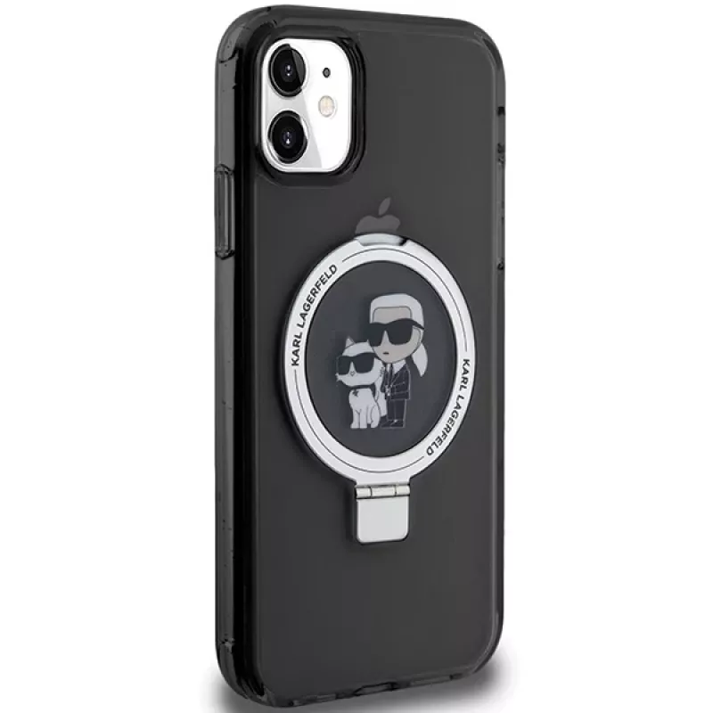 Capa rígida Karl Lagerfeld KLHMN61HMRSKCK com anel de suporte para iPhone 11 / Xr 6.1 preta MagSafe Karl & Choupette