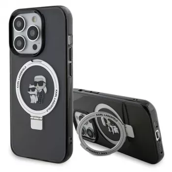 Karl Lagerfeld KLHMP15XHMRSKCK Capa rígida preta com anel de suporte Karl & Choupette MagSafe para iPhone 15 Pro Max 6,7