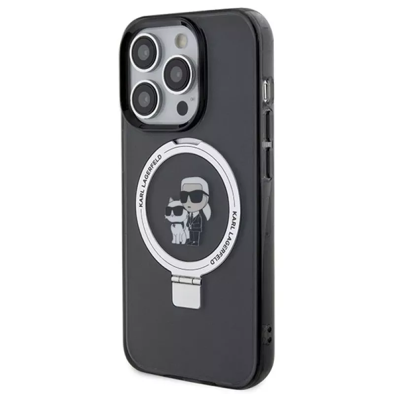 Karl Lagerfeld KLHMP15XHMRSKCK Capa rígida preta com anel de suporte Karl & Choupette MagSafe para iPhone 15 Pro Max 6,7
