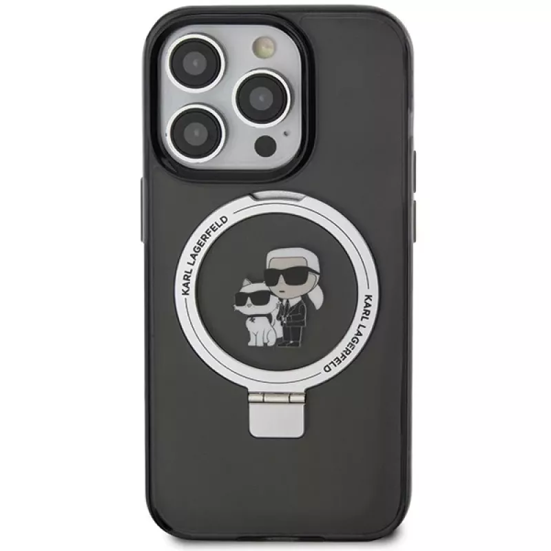 Karl Lagerfeld KLHMP15XHMRSKCK Capa rígida preta com anel de suporte Karl & Choupette MagSafe para iPhone 15 Pro Max 6,7