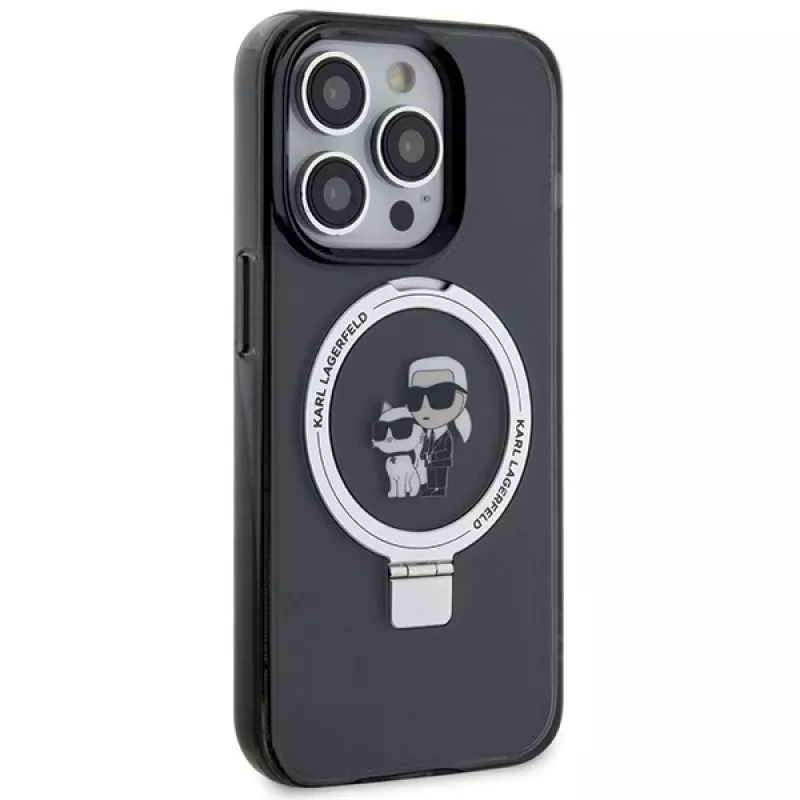 Karl Lagerfeld KLHMP15XHMRSKCK Capa rígida preta com anel de suporte Karl & Choupette MagSafe para iPhone 15 Pro Max 6,7