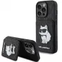 Karl Lagerfeld KLHCP15LSAKCNSCK Capa rígida preta Saffiano com compartimentos para cartões e suporte Monogram Choupette para iPhone 15 Pro 6,1