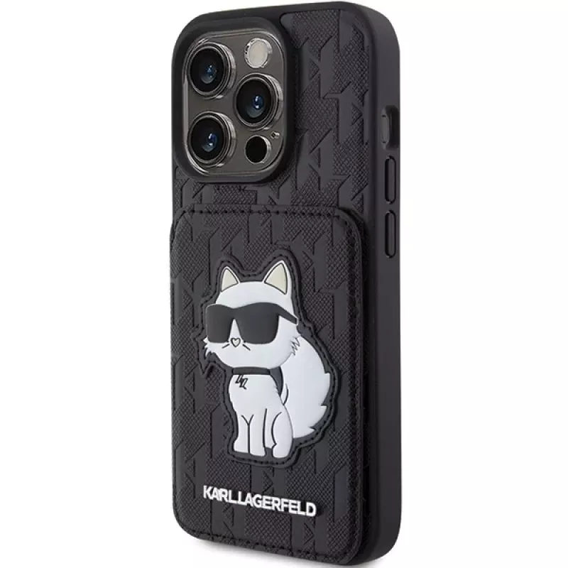 Karl Lagerfeld KLHCP15LSAKCNSCK Capa rígida preta Saffiano com compartimentos para cartões e suporte Monogram Choupette para iPhone 15 Pro 6,1